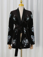 Sequin Panel Belted Tailored Jacket-boutique