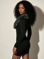 Fur Collar Bodycon Mini Dress