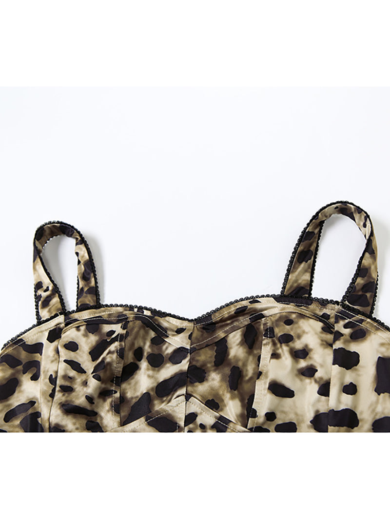 Leopard Print Bustier Capri Pants Casual Two Piece Set