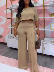 Plain Cropped Buckle Wide Leg Pant Sets