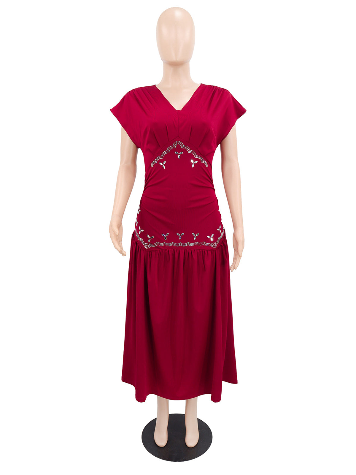 Elegant V Neck Rhinestone Sleeveless Slim Midi Dress
