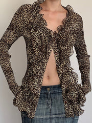 V-Neck Ruffled-Trim Leopard Print Slim-Fit Cardigan