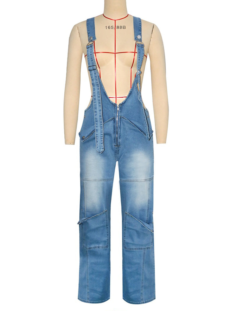 Casual Zipper Loose Denim Overalls Jumpsuit
