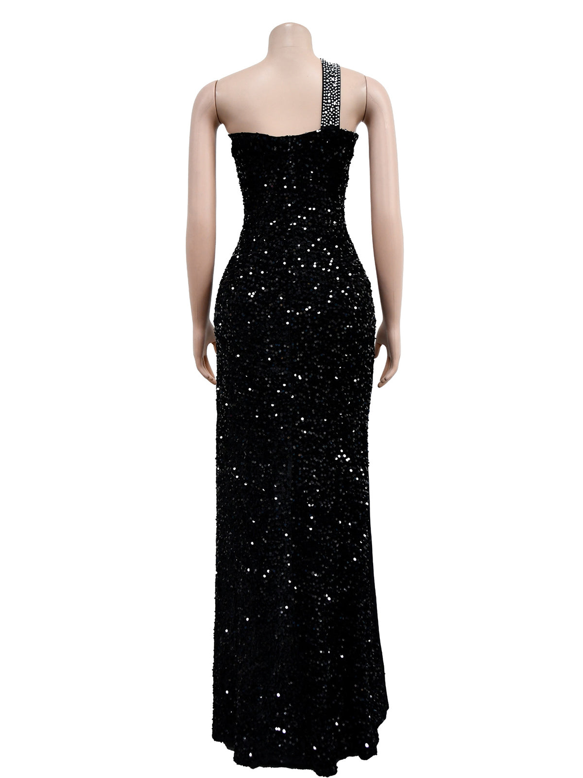 One Shoulder Rhinestone Sequin High Split Maxi Dress