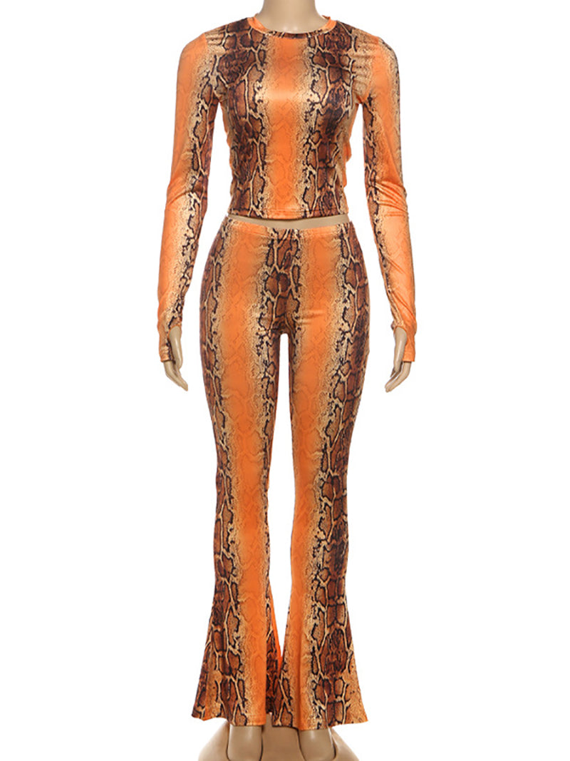 Snake Print Crop Top Wide Leg Casual Pant Sets