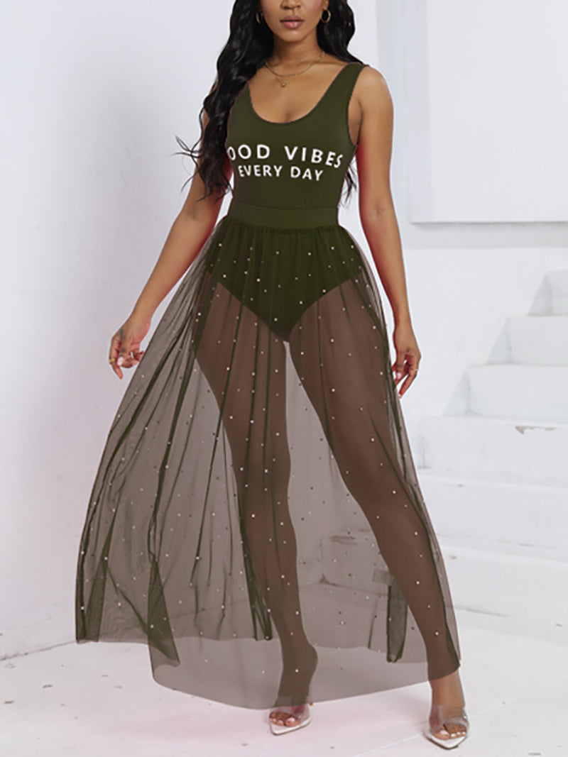 Bodysuit See-Through Mesh Beach Skirt Two-piece Set