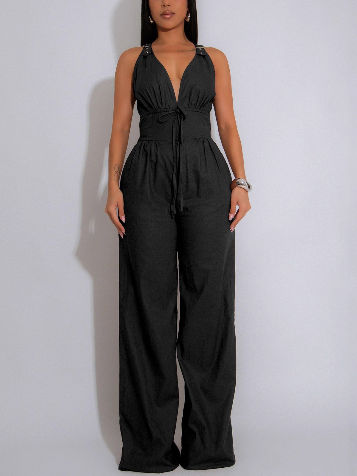 Casual V Neck Cinched Waist Sports Jumpsuit