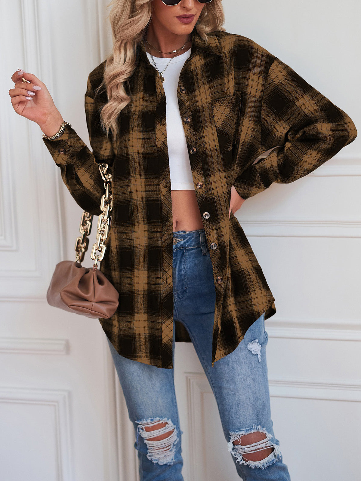 Casual Loose Plaid Button Down Shirt Blouse