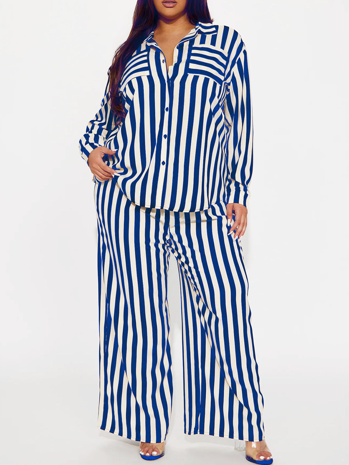 Plus Size Long Sleeve Stripe Shirt Wide Leg Pants Sets