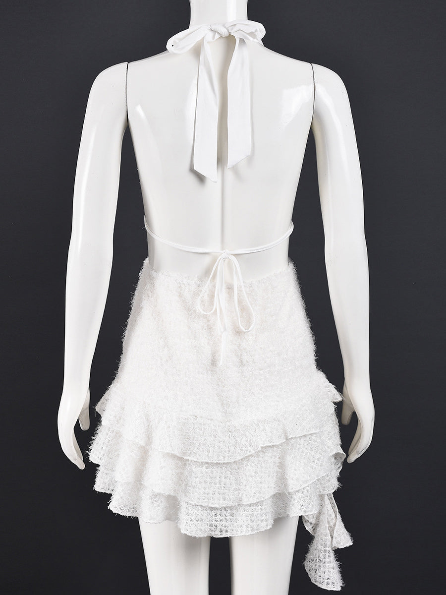 Sexy Deep V Halter Lace-up Knit Ruffles Mini Dress