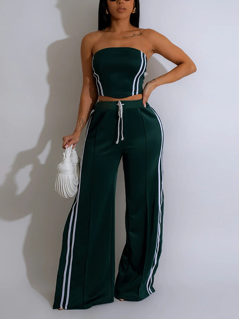 Stripe Tube Top And Wide-Leg Pants Set