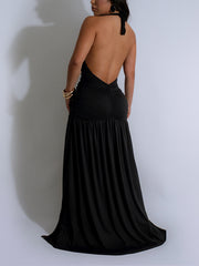 Sexy Deep V Neck Backless Ruched High Split Maxi Dress