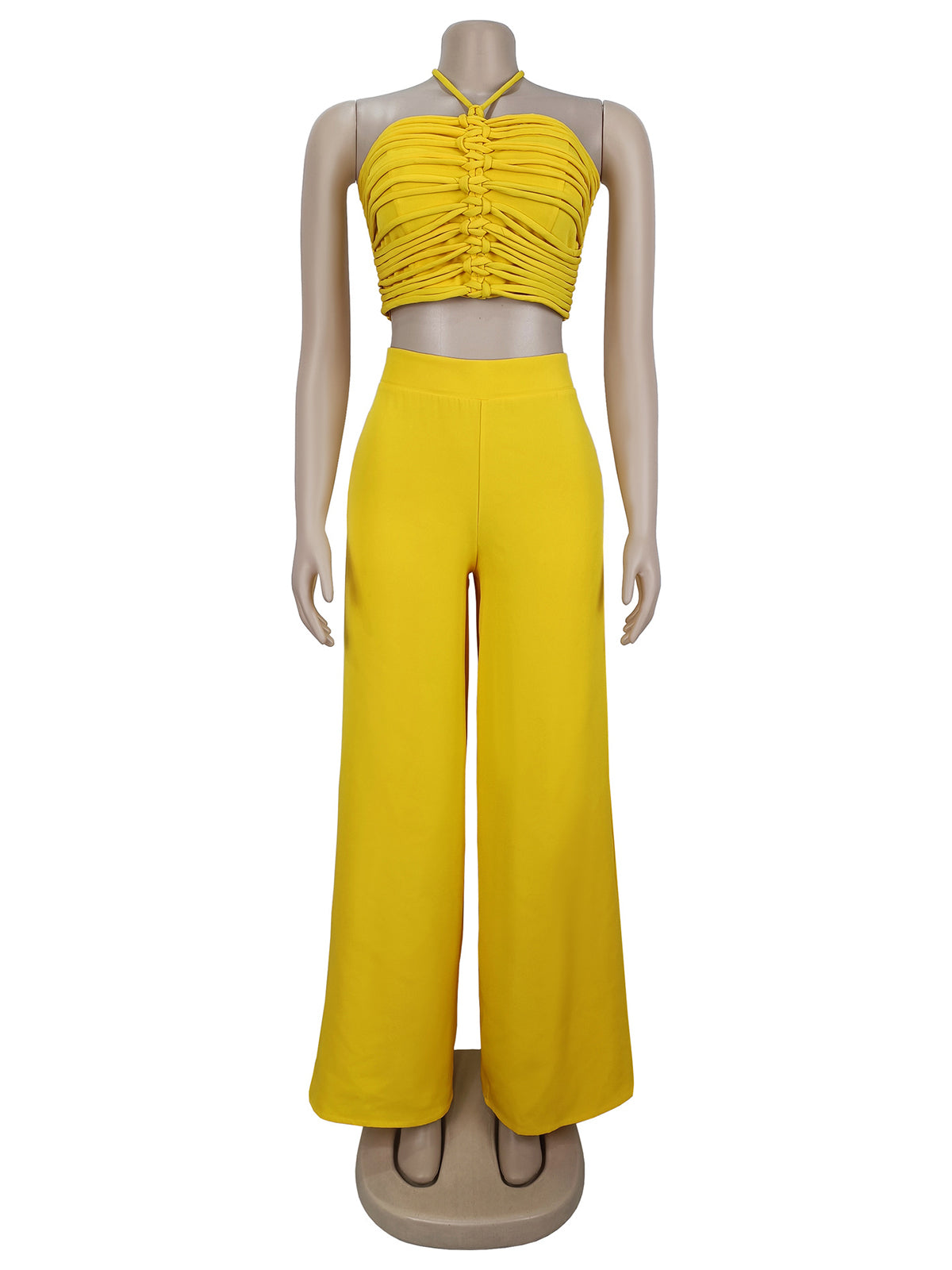 Ruched Halter Crop Top And Wide-Leg Pant Set