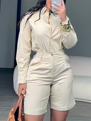 Casual Button Down Long Sleeve Shirt And Shorts Sets