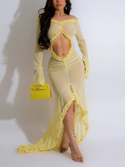 Sexy See Through Ruffle Solid Color Maxi Dress