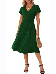 Casual Ruffle Wrap V Neck High Waist Midi Dress