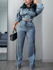 Casual Denim Print Stretch Waist Pants set