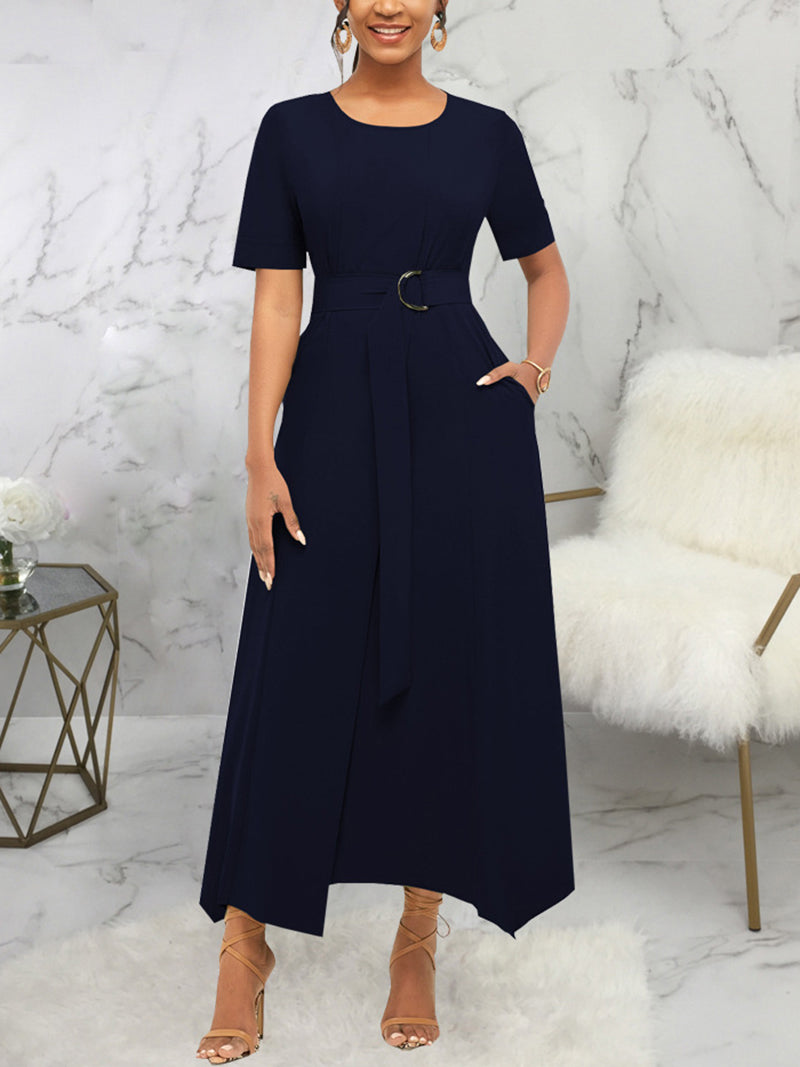 Elegant Round Neck Belted Hem Maxi Dress