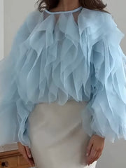Fashion Round Neck Lace-up Ruffle Blouse