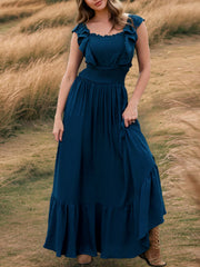 Fashion Off Shoulder Cinched Waist Ruffle Maxi Dress