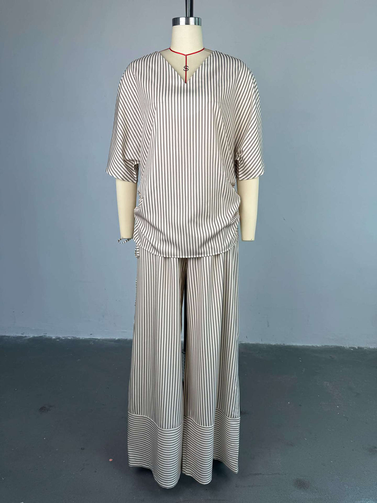 Fashion Stripe V-neck Shirt Wide Leg Pant 2 Piece Set