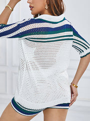 Striped Pattern Button Front Cardigan and Knit Shorts