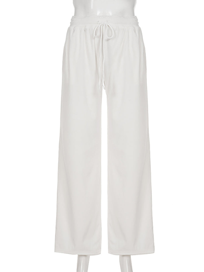 Lace Patchwork Drawstring Corduroy Straight Pants