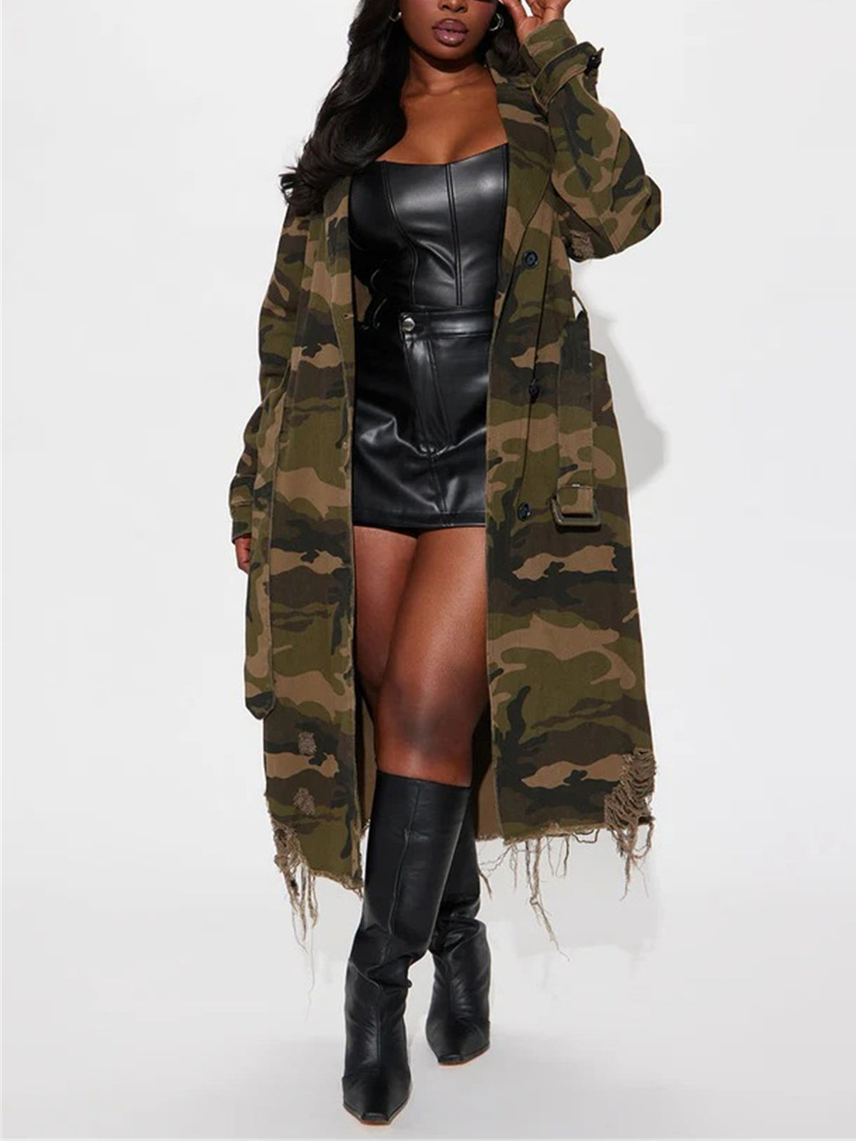 Fashion Casual Camo Ripped Trench Coat