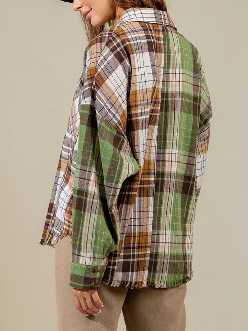 Casual Patchwork Button Loose Plaid Shirt