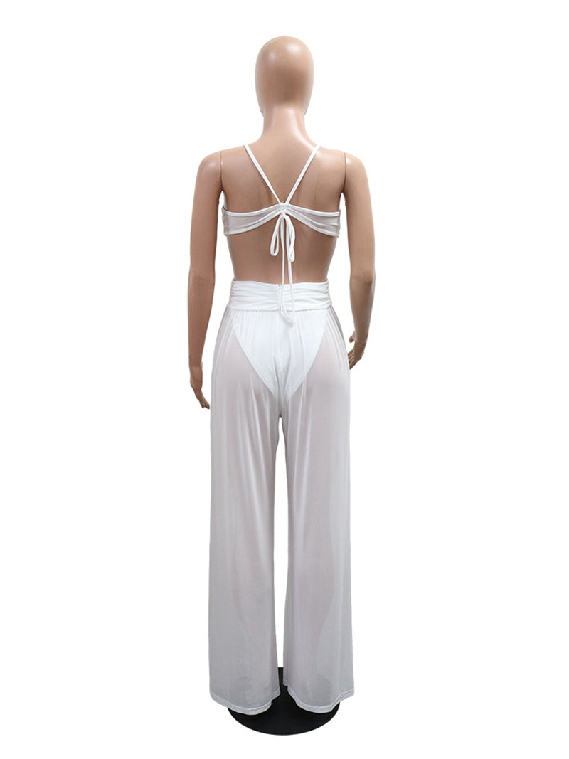 Sexy V Neck Backless Lace-up See Through Jumpsuit