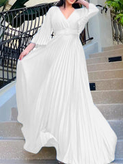 Elegant V Neck Long Sleeve Belted Pleated Maxi Dress