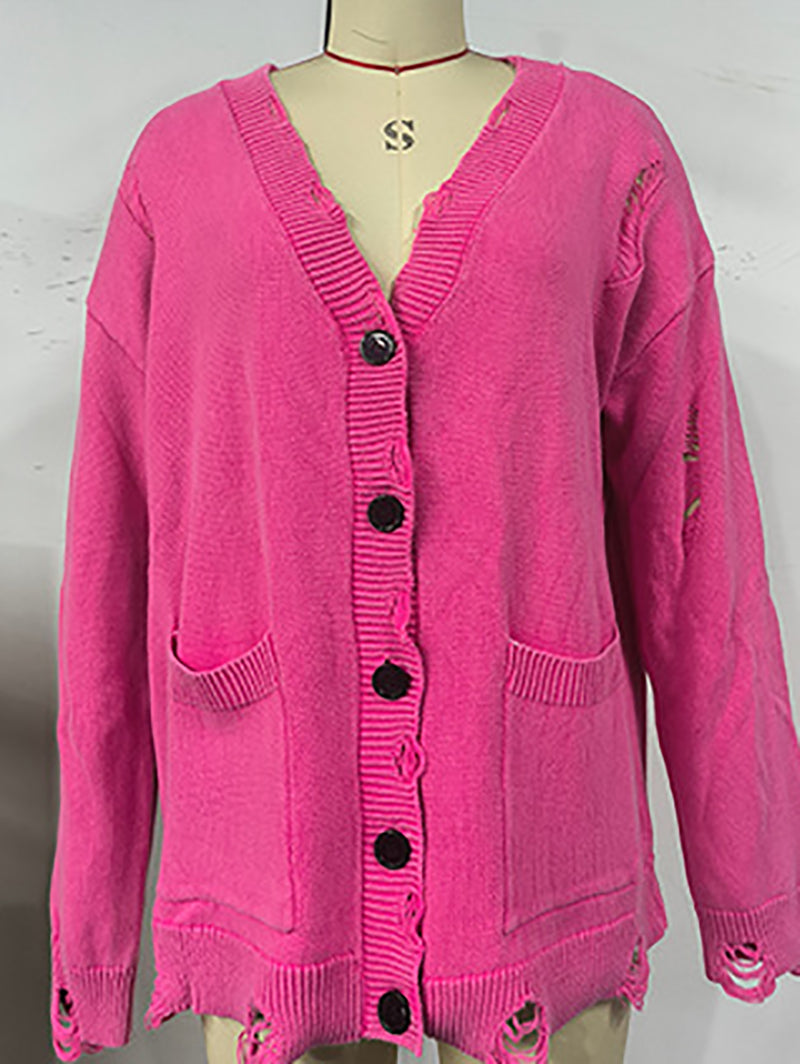 Solid Knit Button Frayed Cardigan