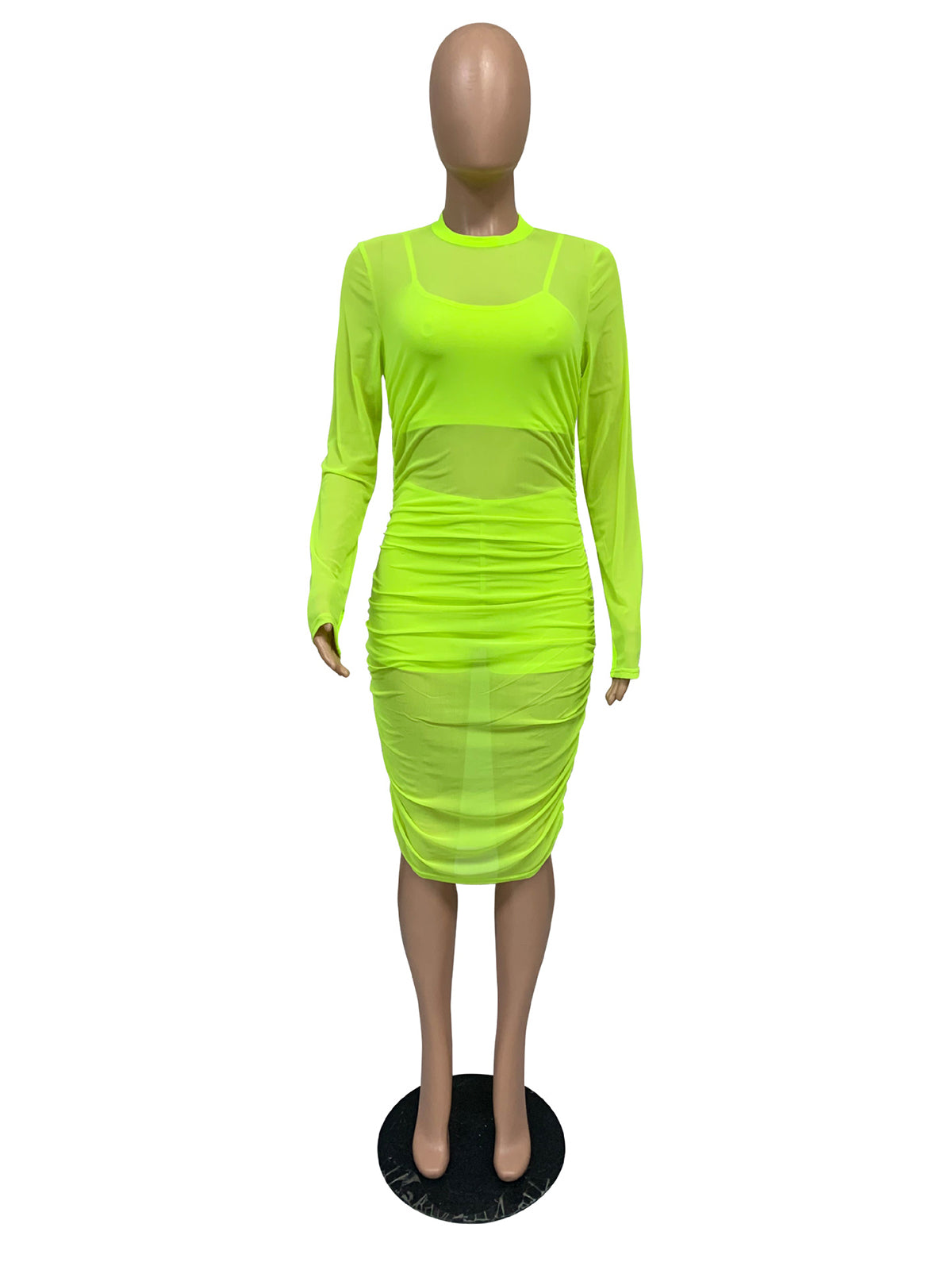 Sexy Sheer Mesh Ruched Bodycon Dress 3 Piece Sets