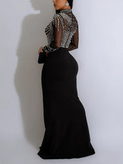 Rhinestone See through High Slit Party Club Dress