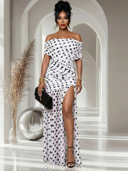 Polka Dot Ruched Slit Vacation Dress