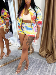 Casual Print Zipper Top And Shorts Two Piece Set
