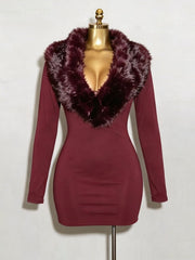 Fur Collar Bodycon Mini Dress