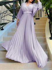 Elegant V Neck Long Sleeve Belted Pleated Maxi Dress
