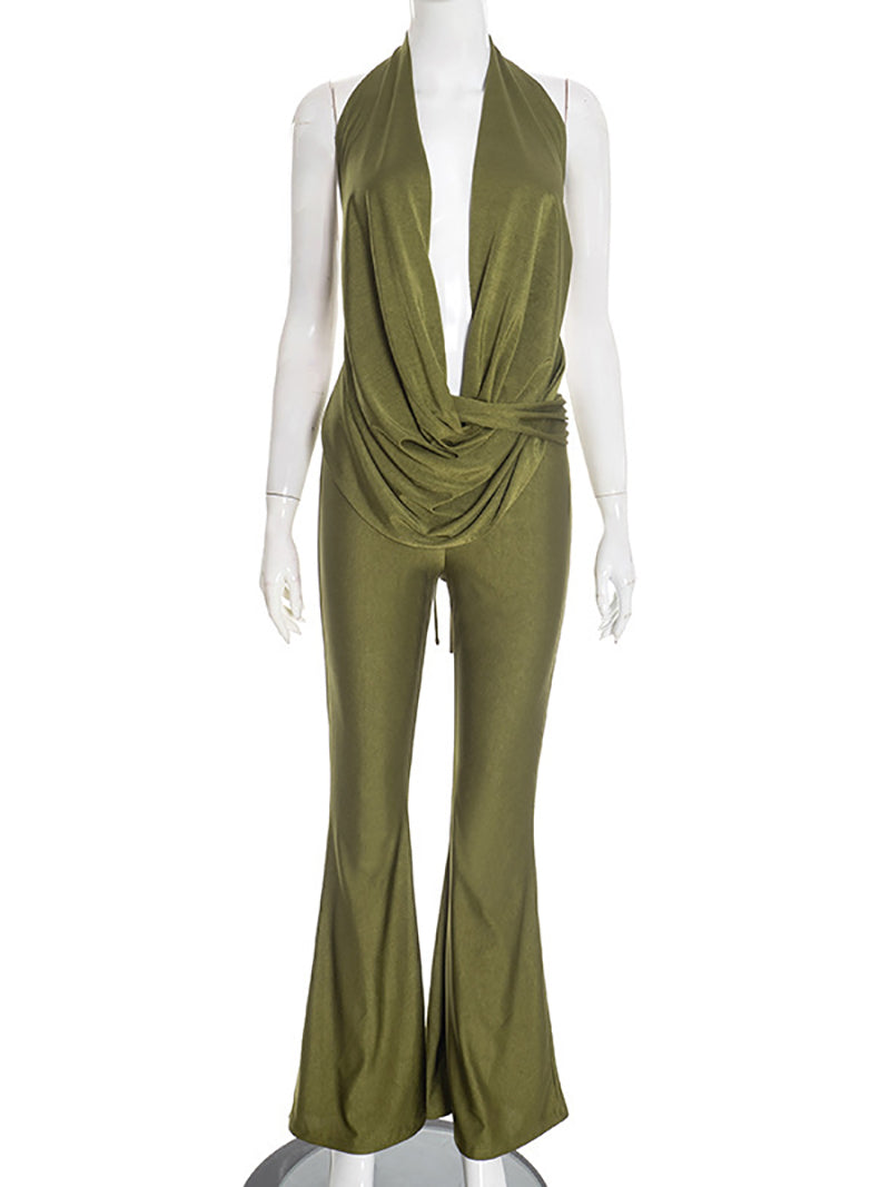 Fashion Sexy Cut-Out Halter Plunge Neck Jumpsuit