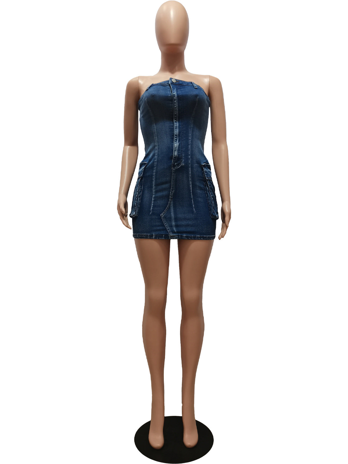 Sexy Strapless Washed Button Stretch Denim Dress