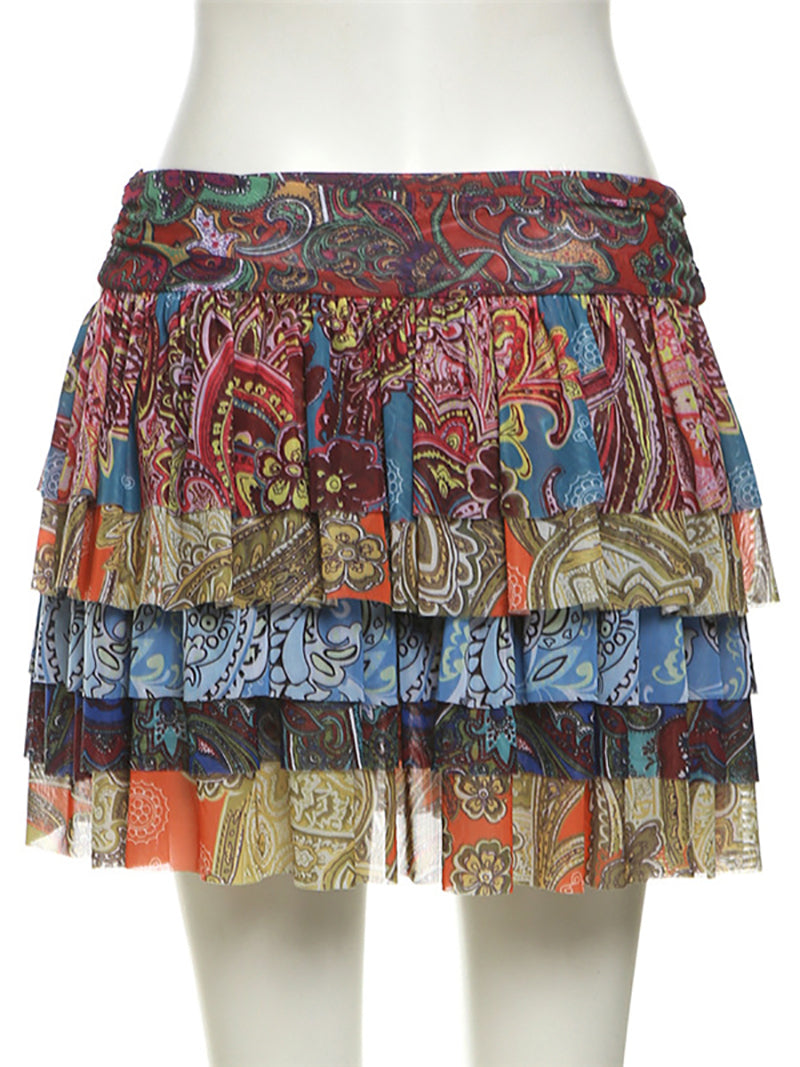 Fashion Print Mini Ruffled Patchwork Skirt