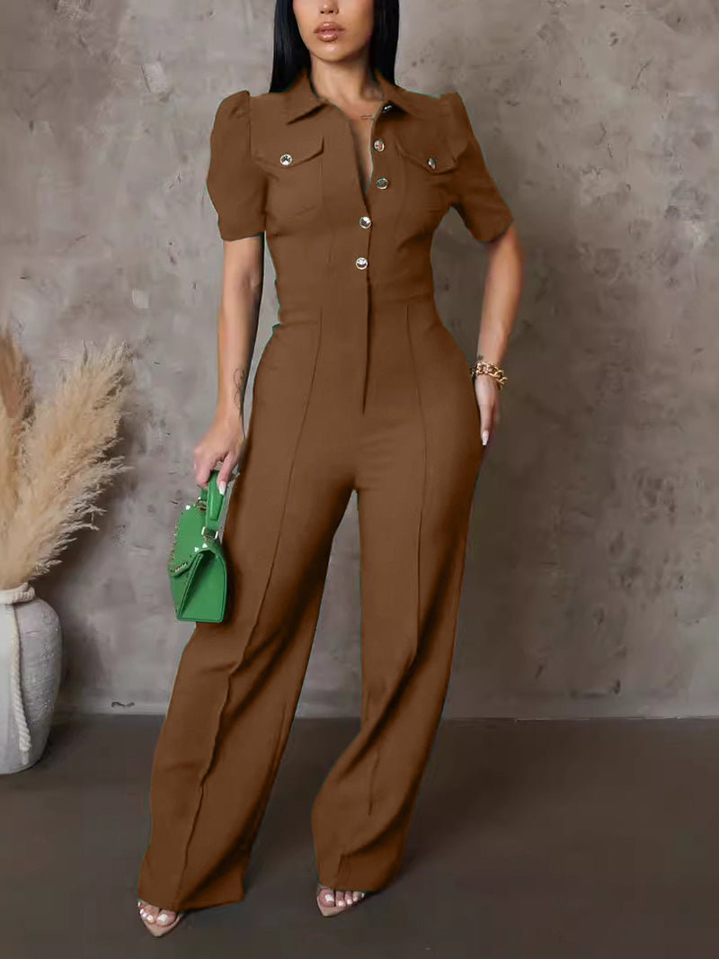 Turndown Collar Short Sleeve Wide Leg Jumpsuit