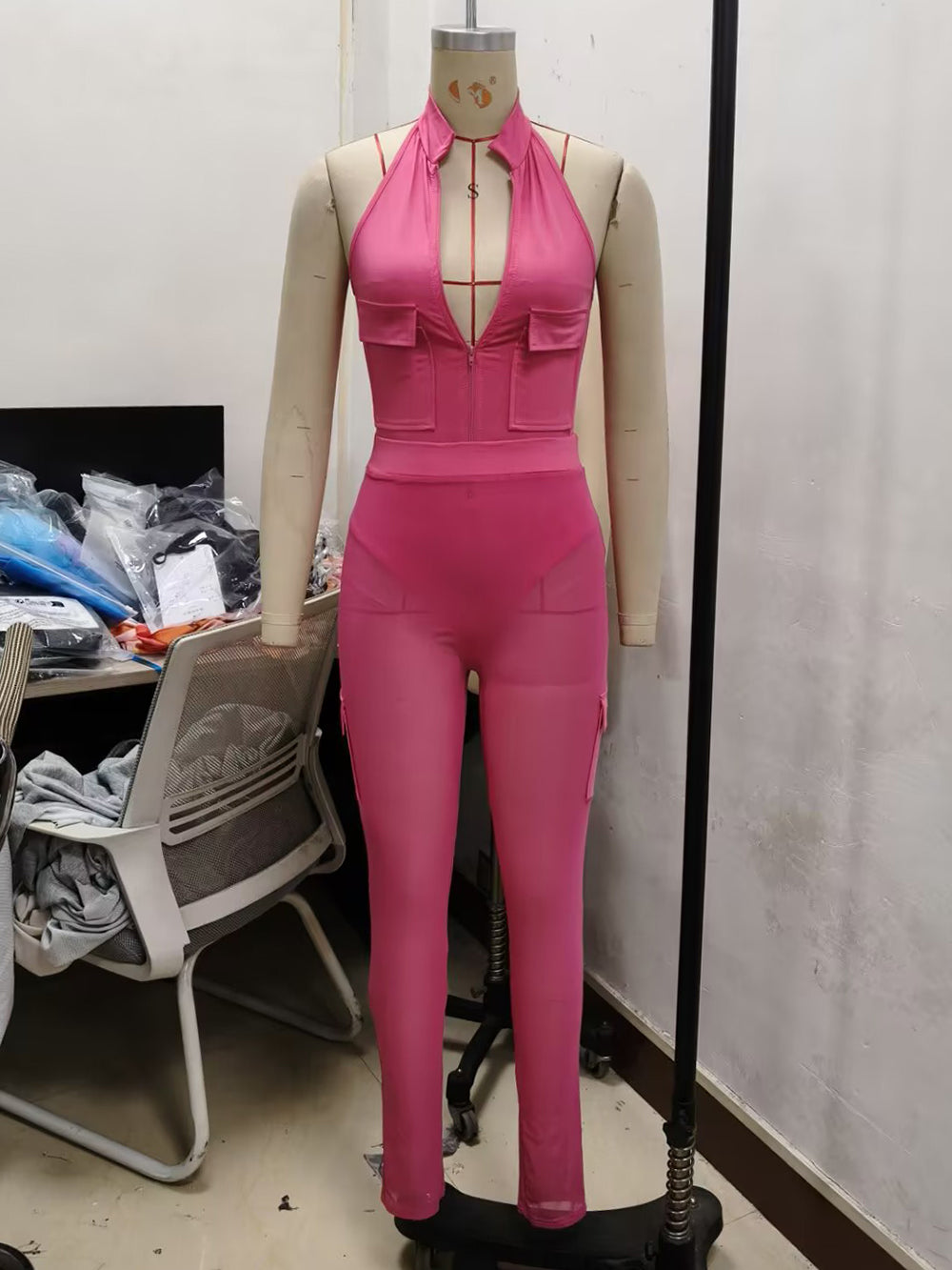 Sexy V-neck Halter Bodysuit and Mesh Pants Set