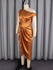 Sexy Satin Single Shoulder Split Midi Dress