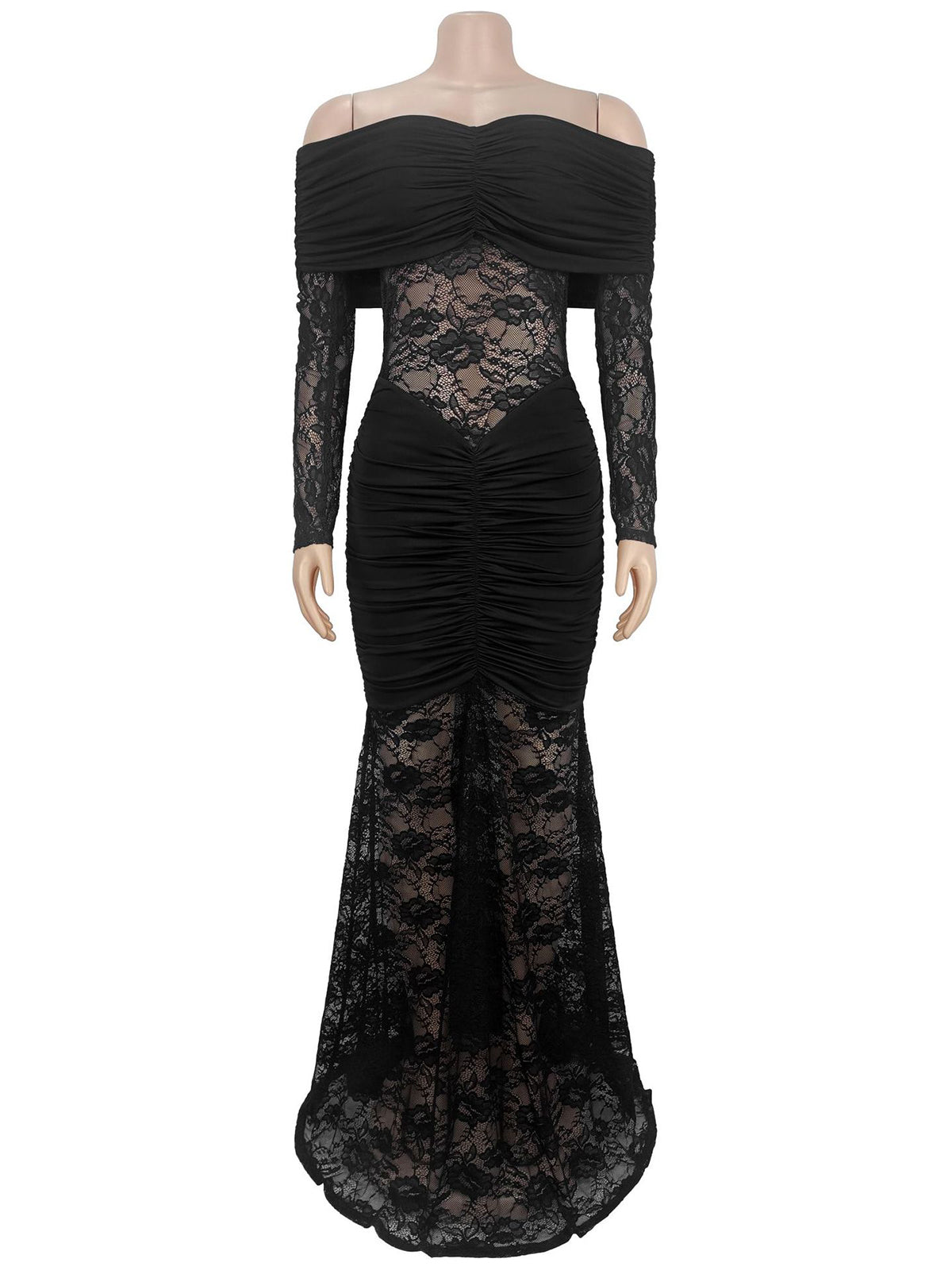 Sexy Off Shoulder Ruched Patchwork Lace Maxi Dress