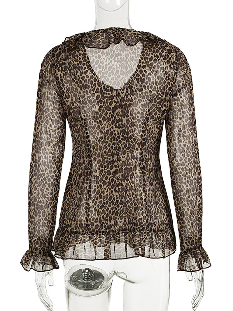 V-Neck Ruffled-Trim Leopard Print Slim-Fit Cardigan