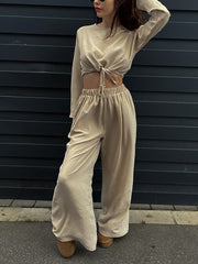 Solid Color Crop Tops Wide Leg Pants Casual Set