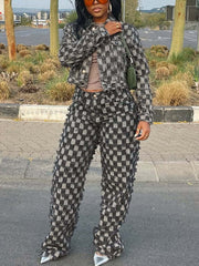 Casual Checkered Denim Jacket Baggy Jeans Set