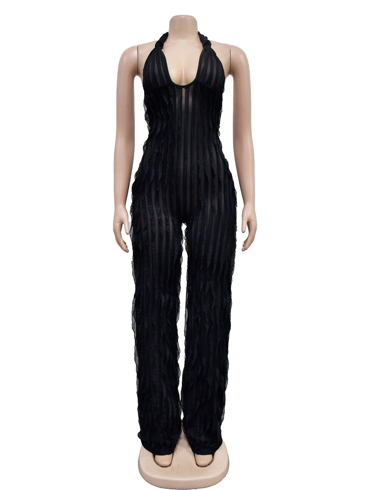 Sexy V Neck Pleat Halter See through Jumpsuit