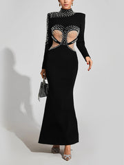 Elegant Long Sleeve Pearl Cutout Mesh Maxi Dress